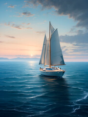 Fototapeta premium A snow-white yacht in the open sea heading towards a rocky shore. 