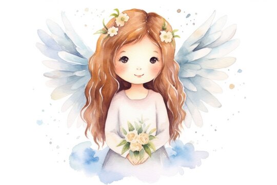 Angelic girl with light blue wings, floral crown holding bouquet. Fantasy and magic.