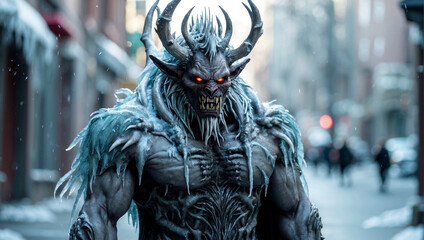 Fototapeta premium A terrifying ice monster with glowing eyes and many horns on its head. 