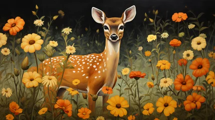 Gordijnen A painting of a deer standing in a field © Roses