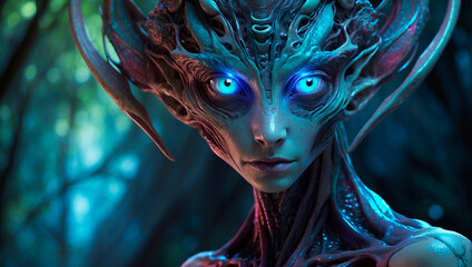A mysterious alien creature with radiant, glowing eyes that captivate with their mesmerizing gaze.