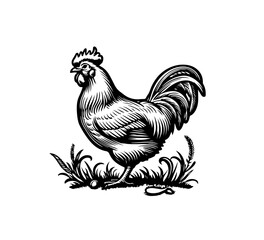 Fototapeta na wymiar chicken illustration vintage rooster black and white