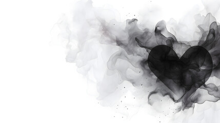 Black watercolor ink broken heart. Smoke flow blot on white background texture marble. Generative Ai. - obrazy, fototapety, plakaty