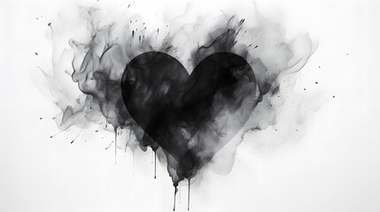 Black watercolor ink broken heart. Smoke flow blot on white background texture marble. Generative...