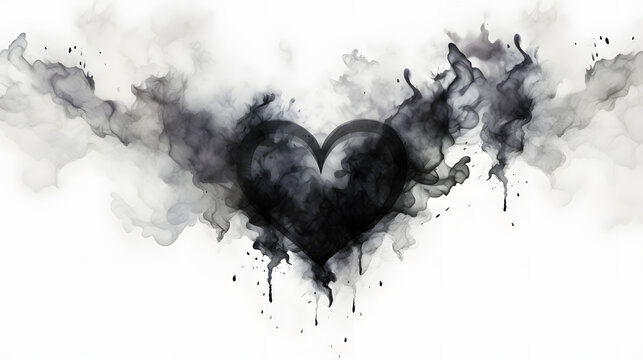 Black watercolor ink broken heart. Smoke flow blot on white background texture marble. Generative Ai.