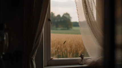 A view of the cornfield from the window of a farmhouse, a Close-up of white tulle, in the style of light beige and dark amber