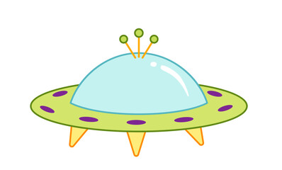 Green flying saucer with three antennas. Cartoon, vector