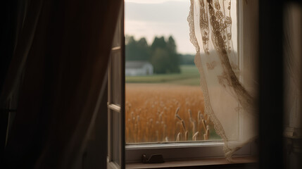 A view of the cornfield from the window of a farmhouse, a Close-up of white tulle.