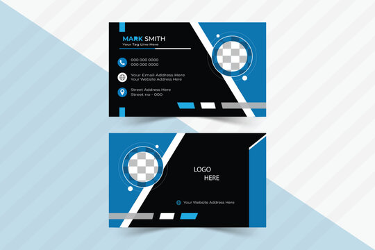 Creative business card template with triangles, squares, round, waves for business, technology. Simple and clean design with a logo and a place for a photo. Vector illustration.