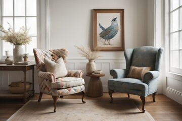 Patchwork wing chair and vase against window near white wall