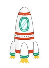Cute little rocket with red and green stripes and turbines. Cartoon, vector
