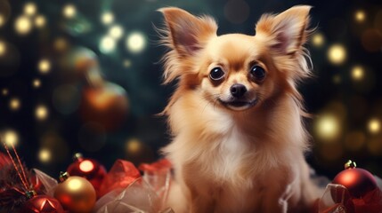 Obraz premium Portrait of a cute little dog with New Year's decoration balls. Bokeh lights in the background.