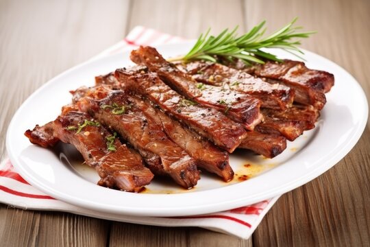 smoky grilled ribs served on a white ceramic plate