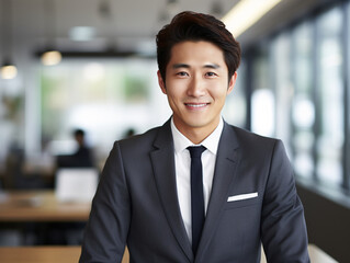 Fototapeta premium Smiling Japanese professional in a chic suit, exuding confidence, facing the camera with direct eye contact, standing by a minimalist desk in a contemporary co-working space.