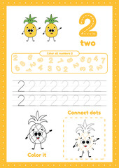 Many games on one page for preschool kids. Color page, dot to dot, trace. Learning number 2