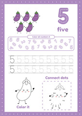Many games on one page for preschool kids. Color page, dot to dot, trace. Learning number 5