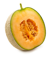 Cantaloupe melon cut in half on white background. Sweet Orange Melon isolate on white with clipping path.