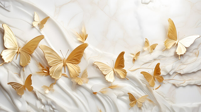 Botanical summer set of yellow golden color butterflies texture marble. Generative Ai.