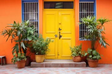 Fototapeta na wymiar front view of a vibrant orange hostel door with plants
