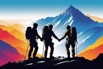 Gemeinsam auf dem Gipfel: Silhouetten von Bergsteigern, die sich dank gegenseitiger Hilfe und Teamarbeit die Hände reichen – als grafische Illustration im Comicstil.