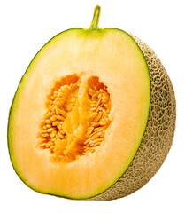 Cantaloupe melon cut in half on white background. Sweet Orange Melon isolate on white PNG File.