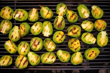 overhead shot of a grill filled with smoky brussels sprouts