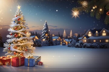 Scena natalizia con neve A beautiful Christmas tree with shiny lights and gifts, Generative AI charistmas tree background

 
