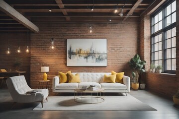  Studio apartment with white tufted sofa with yellow pillows near brick wall. Industrial loft home interior design of modern living room