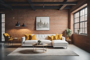  Studio apartment with white tufted sofa with yellow pillows near brick wall. Industrial loft home...