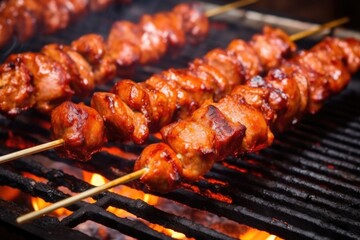 close up of juicy bbq sausages on skewers