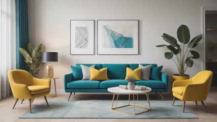  Teal sofa and yellow accent chair. Retro interior design of living room