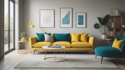  Teal sofa and yellow accent chair. Retro interior design of living room