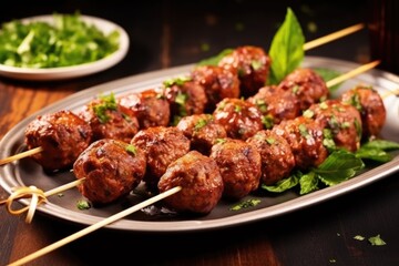 bbq meatball skewers with aromatic herbs sprinkled on top