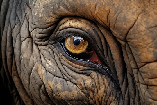 The close up detail of an elephant's iris eye pattern, structures, and texture reflected with the natural light. AI generative