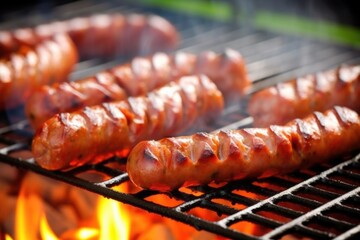 close-up of grilled sausages, smoke rising