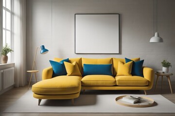 Vibrant yellow curved sofa with blue pillows. Loft minimalist style home interior design of modern living room