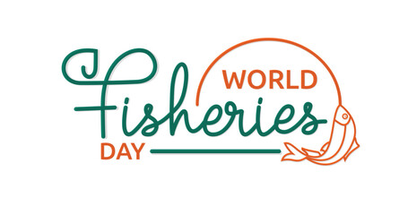 World Fisheries Day Handwritten calligraphy text with fish illustration. Great for posters, banners, flyers, and brochures.Text vector illustration 