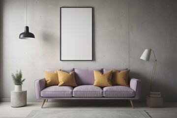 Violet sofa against concrete wall with blank mock up poster frame with copy space. Minimalist home interior design of modern living room