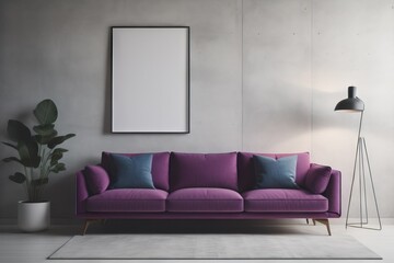 Violet sofa against concrete wall with blank mock up poster frame with copy space. Minimalist home interior design of modern living room