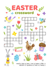 Crossword of Easter words. English words. Educational puzzle game for kids. Flat, cartoon, vector