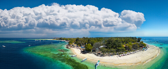 Amazing aerial view of Gili Air coastline on a sunny day, Indonesia