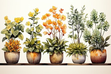 Watercolor illustration of a variety of house flowers and plants in clay pots