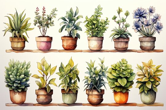 Watercolor set of various house plants in clay pots