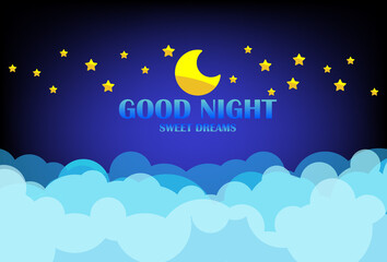 Fototapeta premium Good night and sweet dreams banner. Clouds on dark sky background with moon and stars. 