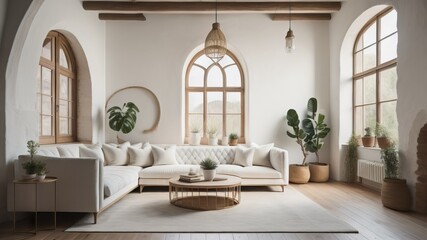 White sofa in boho style room with arched window and stucco walls. Rustic interior design of modern living room