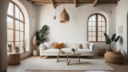 White sofa in boho style room with arched window and stucco walls. Rustic interior design of modern living room