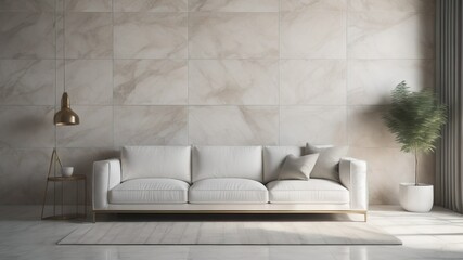 White sofa near stone cladding tiled wall with copy space. Minimalist country home interior design of modern living room