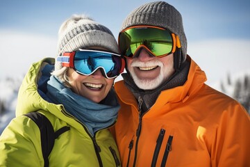 Seniors couple in ski resort wearing winter clothes. Active aging