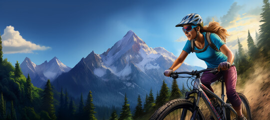 A helmeted woman exuberantly rides her bike against a stunning mountain backdrop, capturing the vibrant colors of nature and immersing viewers in the moment. - obrazy, fototapety, plakaty