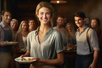 A waiter smiling, holding a plate of food with many people surrounding her, featuring rustic scenes and layered imagery with subtle irony, soft edges, and blurred details in classic Americana style.